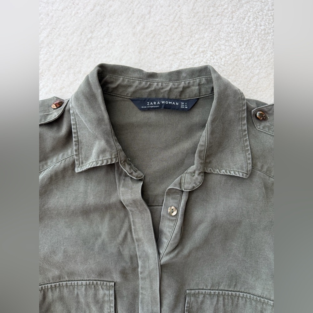 Zara Olive Green Cargo Button-Up Shirt with Skull Buttons - Picture 3 of 5